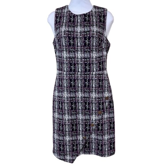DKNY Sleeveless Purple Black Plaid Tweed Sheath Dress Button Accents Size 2 - Picture 1 of 10